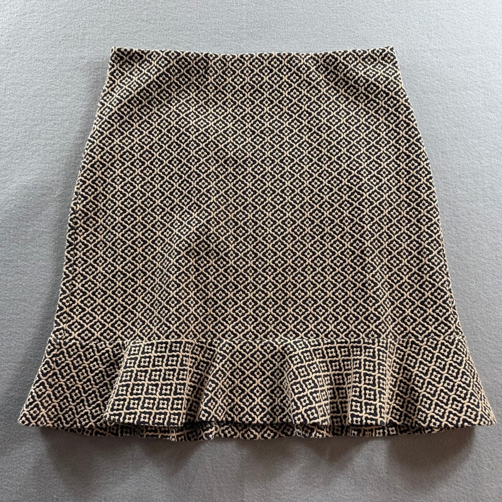 LOFT Skirt Women Medium Blue Geometric Ruffle Hem Pull On Stretch Academia Fall